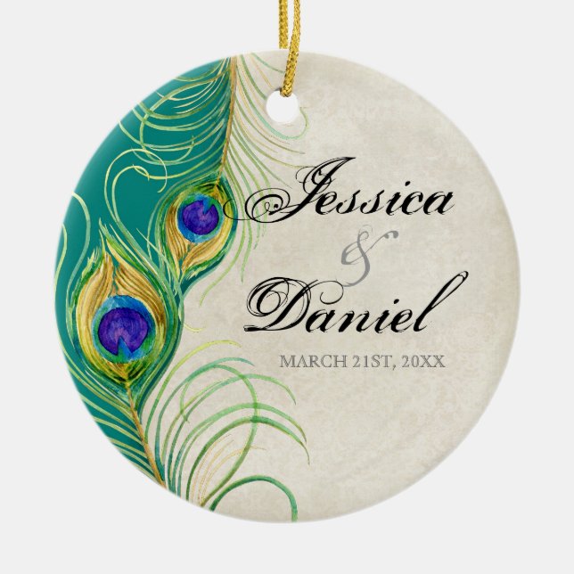 Vintage Peacock & Etchings Christmas Ornament (Front)