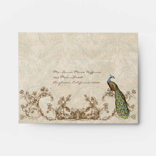 Vintage Peacock & Etchings Orange Wedding Envelope (Front)