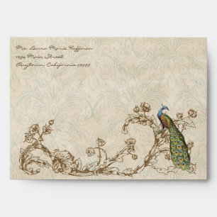 Vintage Peacock & Etchings Orange Wedding Envelope
