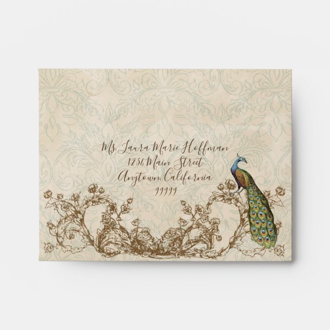Vintage Peacock & Etchings, Wedding Envelopes (Front)