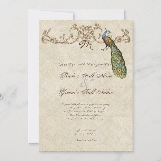 Vintage Peacock & Etchings Wedding Invitation (Front)