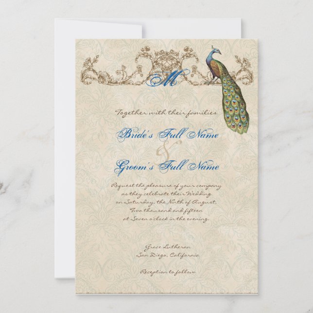 Vintage Peacock & Etchings Wedding Invitation (Front)