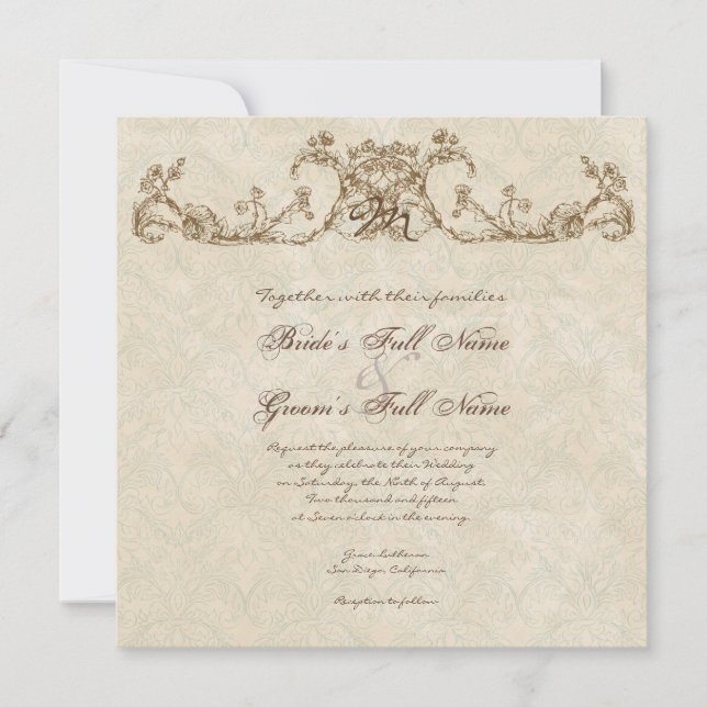 Vintage Peacock & Etchings Wedding Invitation (Front)