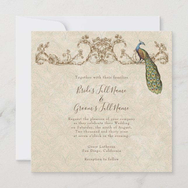 Vintage Peacock & Etchings Wedding Invitation (Front)