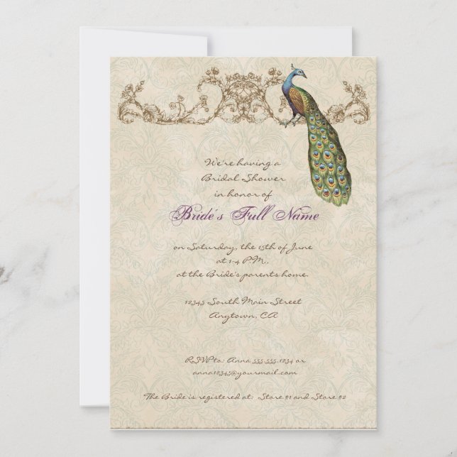 Vintage Peacock & Etchings Wedding Invitation (Front)