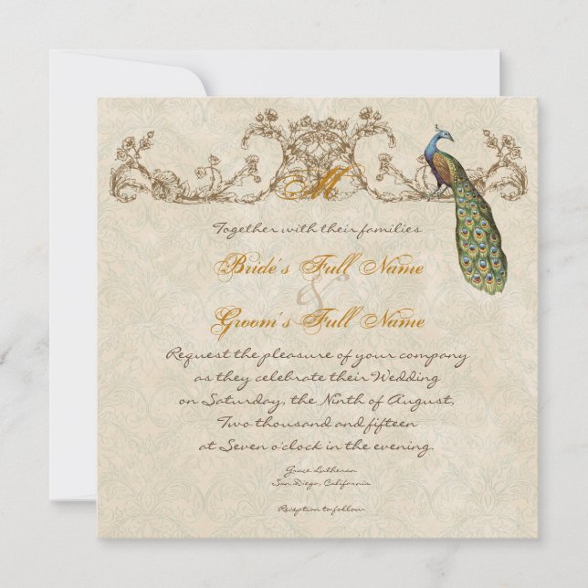 Vintage Peacock & Etchings Wedding Invitation (Front)