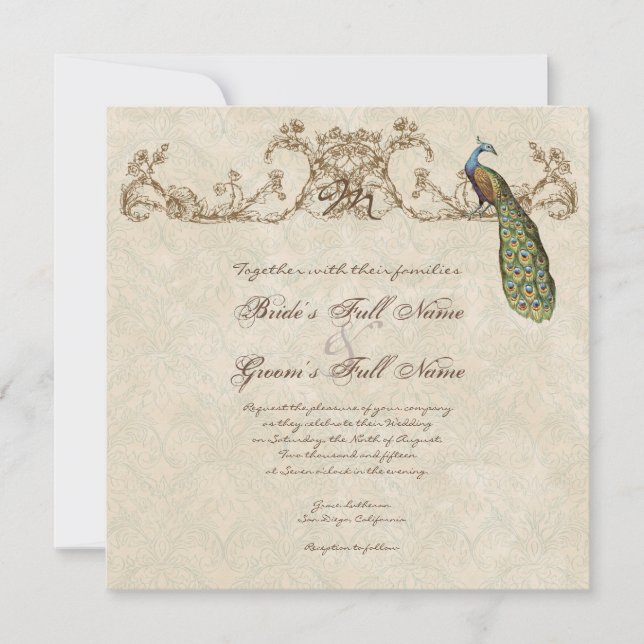 Vintage Peacock & Etchings Wedding Invitation (Front)