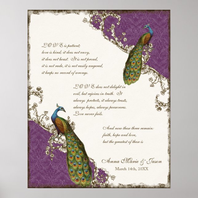 Vintage Peacock & Etchings - Wedding Personalised Poster (Front)