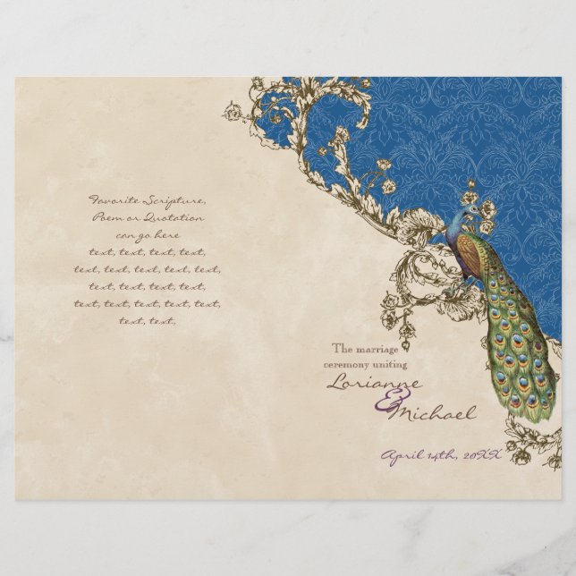 Vintage Peacock & Etchings Wedding Program (Front)
