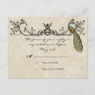 Vintage Peacock & Etchings Wedding RSVP Card