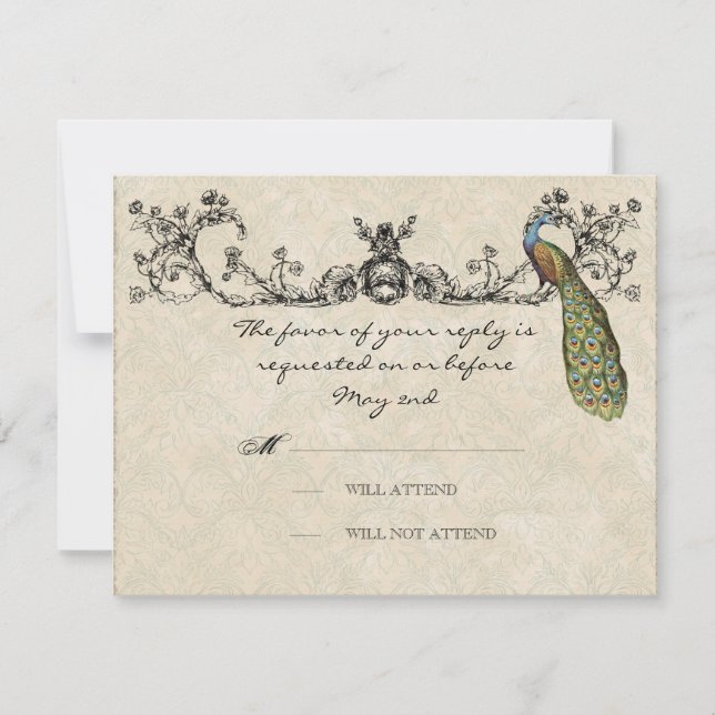 Vintage Peacock & Etchings Wedding RSVP Card (Front)