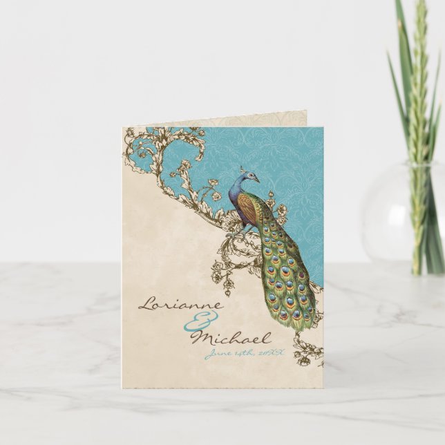 Vintage Peacock & Etchings Wedding Thank You Notes (Front)