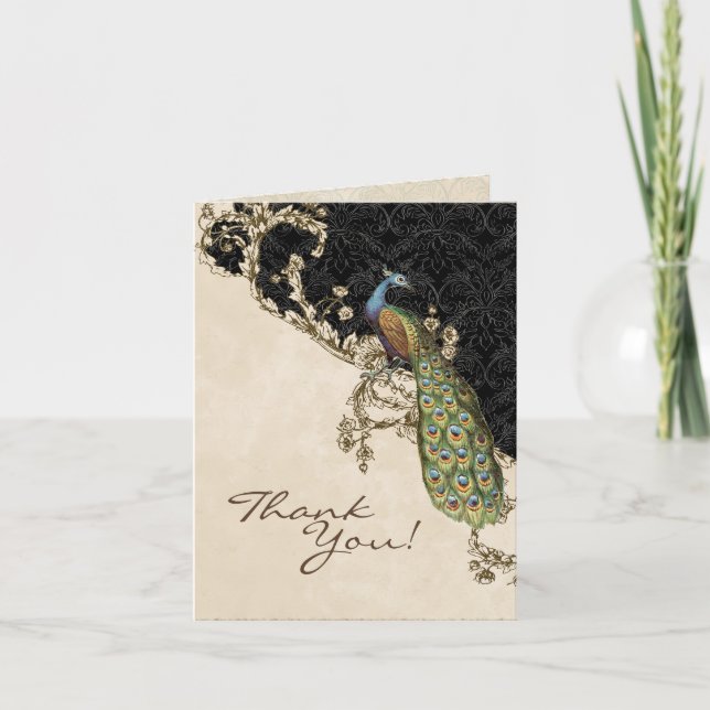 Vintage Peacock & Etchings Wedding Thank You Notes (Front)