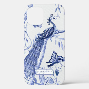 Vintage Peacock Feather Chinoiserie Blue and White iPhone 12 Case