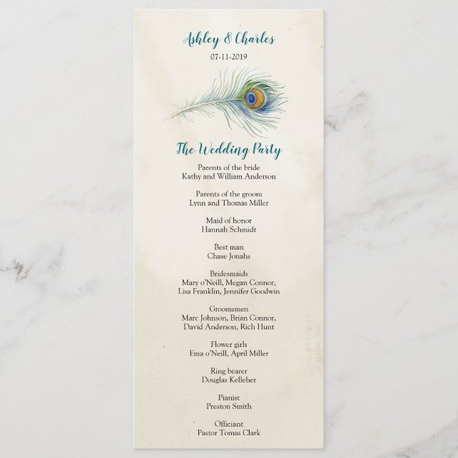 Vintage Peacock Feather Elagant Teal Wedding Programme (Front)