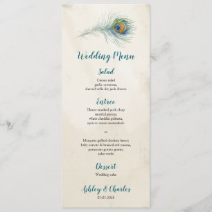 Vintage Peacock Feather Elegant Boho Teal Wedding Menu
