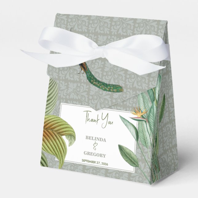 Vintage Peacock Feather Tropical Greenery Wedding  Favour Box (Front Side)