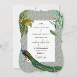 Vintage Peacock Feather Tropical Greenery Wedding Invitation