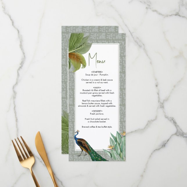 Vintage Peacock Feather Tropical Greenery Wedding Menu (Front/Back In Situ)