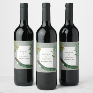 Vintage Peacock Feather Tropical Greenery Wedding  Wine Label