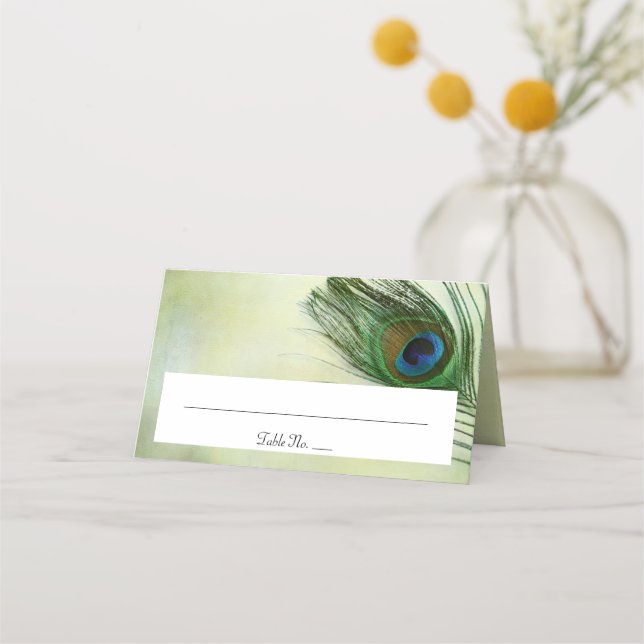 Vintage Peacock Feather Wedding Folded Place Card (Front)