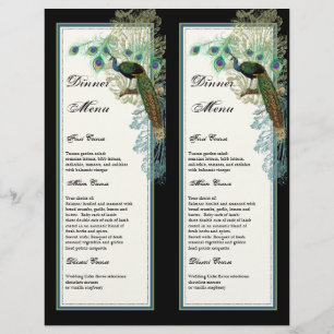 Vintage Peacock, Feathers, 2 up, Dinner Menu Sheet
