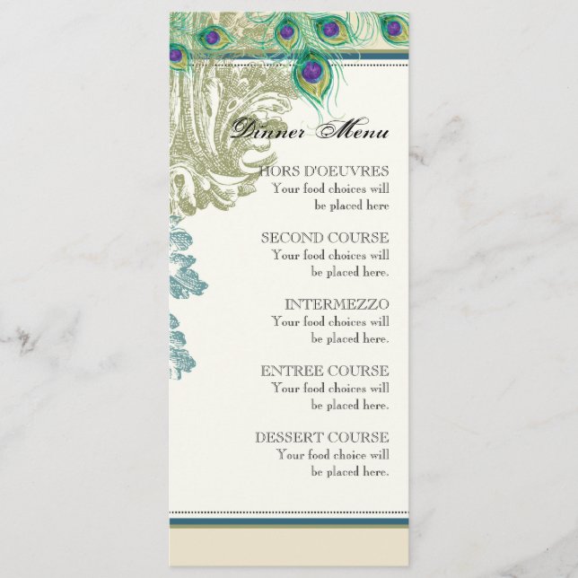Vintage Peacock, Feathers, Dinner Menu Card (Front)