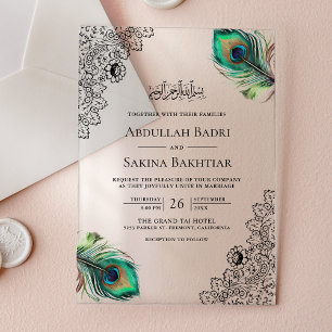 Vintage Peacock Feathers Muslim Wedding Acrylic Invitations