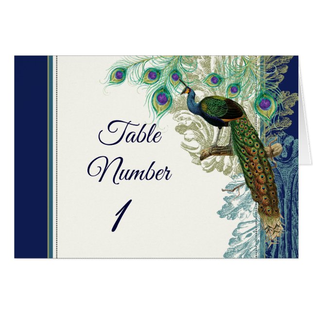 Vintage Peacock Feathers Table Numbers Navy Blue (Front Horizontal)