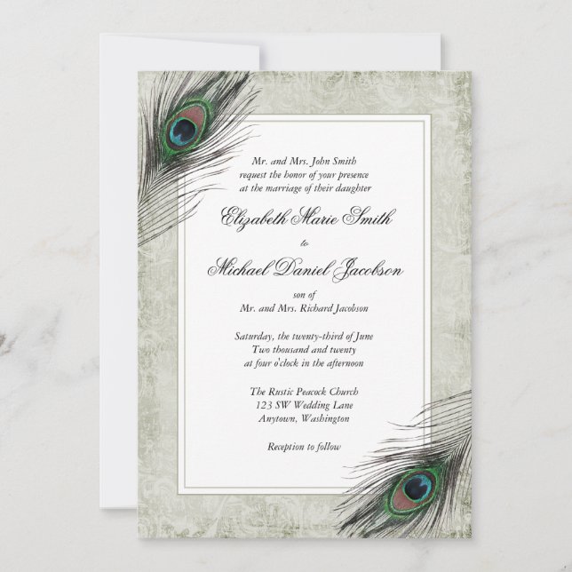 Vintage Peacock Feathers Wedding Invitation (Front)