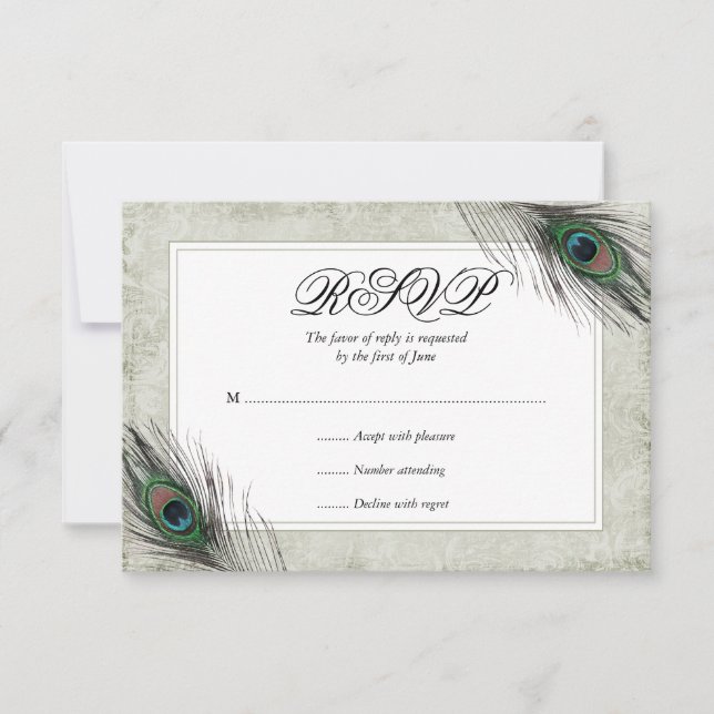 Vintage Peacock Feathers Wedding RSVP Card (Front)