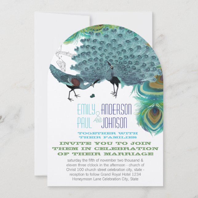 Vintage Peacock Feathers with Peacock Love Birds Invitation (Front)