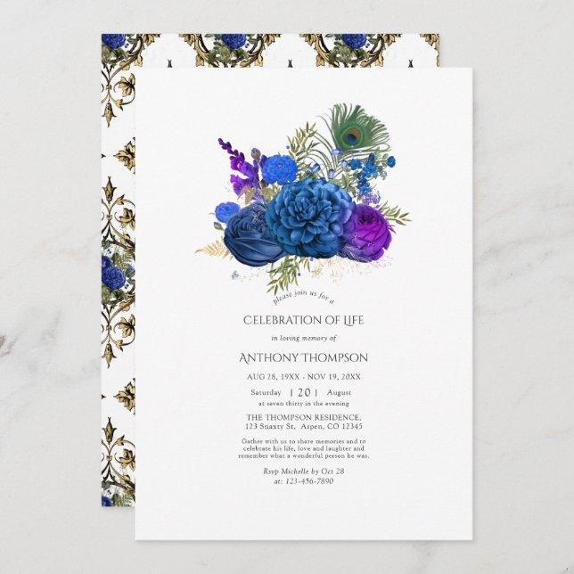 Vintage Peacock Floral Celebration of Life Invitation (Front/Back)