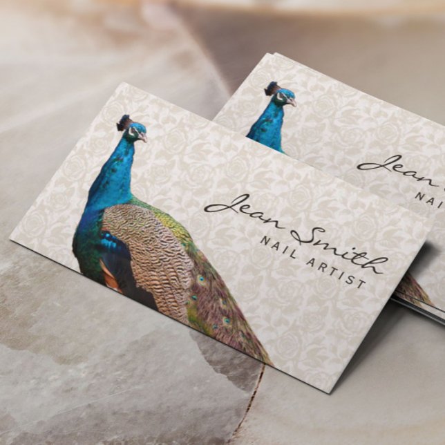 Vintage Peacock Floral Nail Art Business Card (Creator Uploaded)