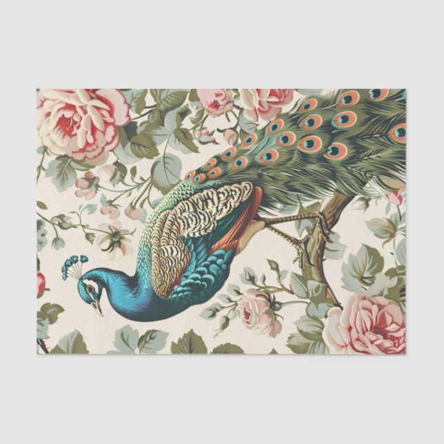 Vintage Peacock Floral Wallpaper Decoupage Tissue Paper (Front)