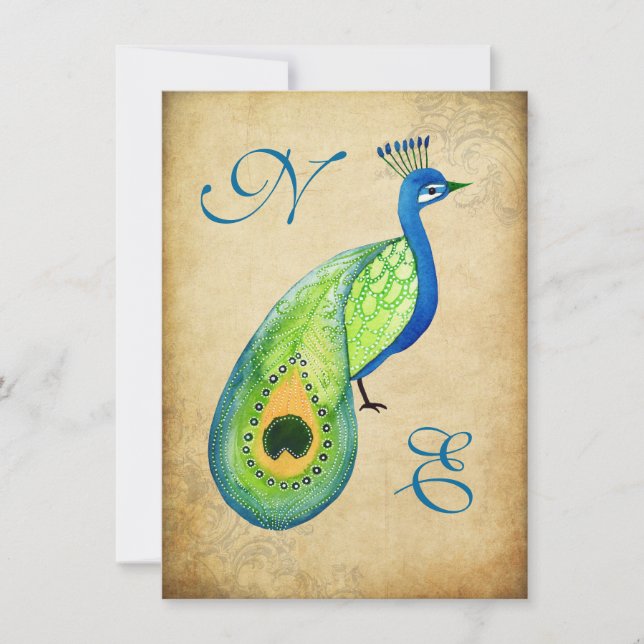 Vintage Peacock Flourish Wedding Monogram Invite (Front)