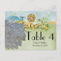 Vintage Peacock & Flower Tree Wedding Number Card