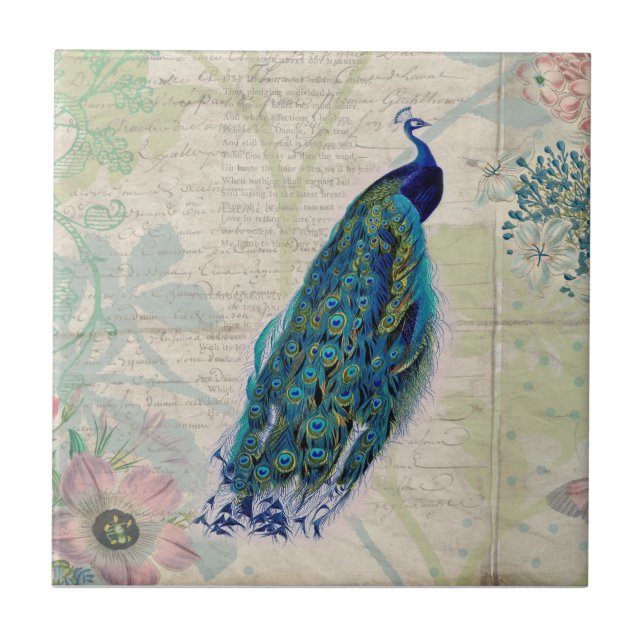 Vintage Peacock, Flowers and Butterfly Tile (Front)