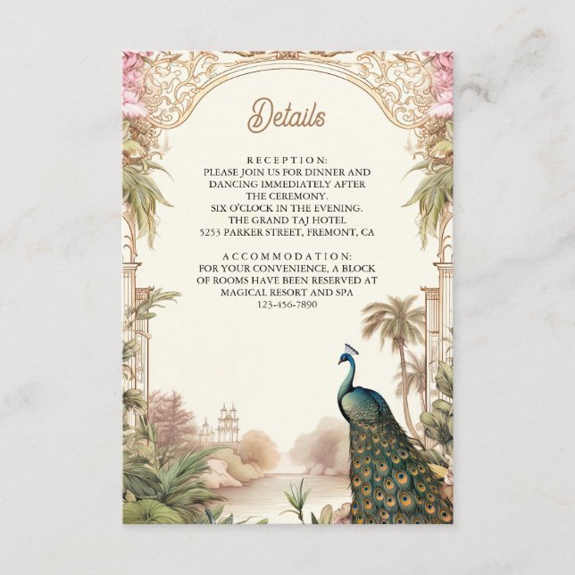 Vintage Peacock Garden Indian Wedding Details Enclosure Card (Front)