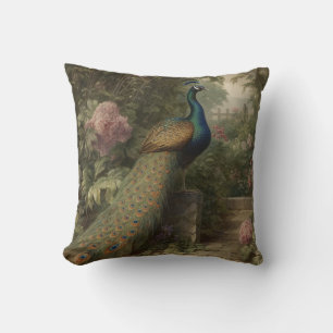 Vintage Peacock in Wildflower Garden Botanical Cushion