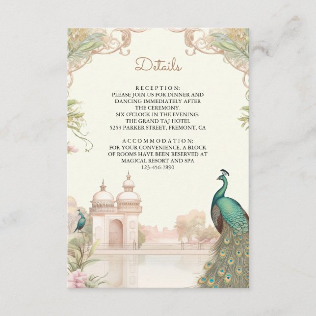 Vintage Peacock Indian Palace Wedding Details Enclosure Card (Front)