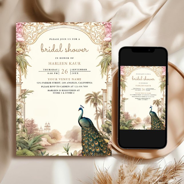 Vintage Peacock Indian Wedding Bridal Shower Invitation (Creator Uploaded)