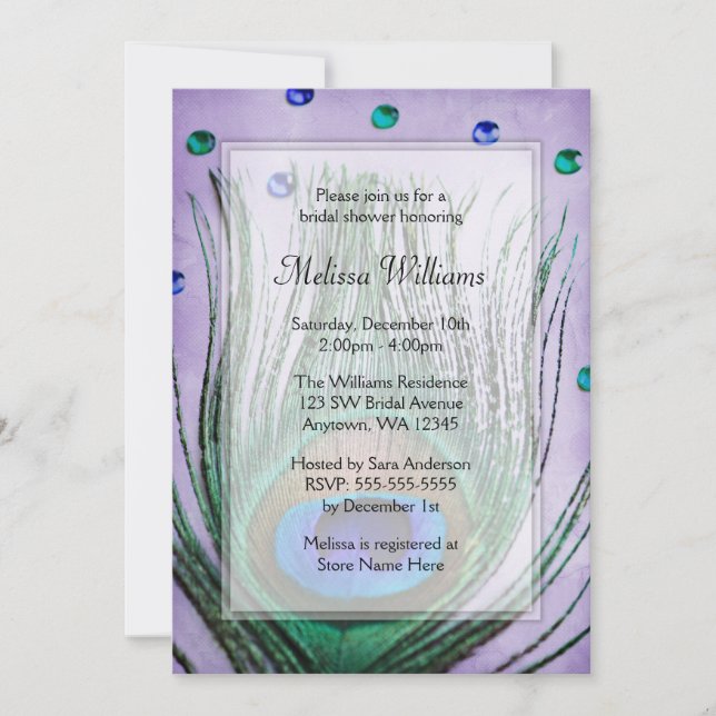 Vintage Peacock Jewels Purple Bridal Shower Invitation (Front)