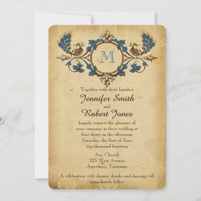 Vintage Peacock Monogram Wedding Invitation (Front)