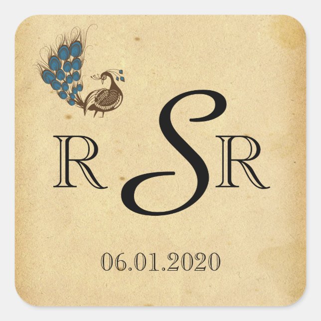 Vintage Peacock Monogram Wedding Monogram Square Sticker (Front)