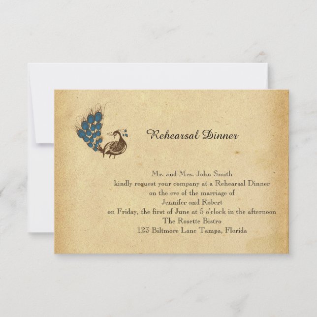 Vintage Peacock Monogram Wedding Rehearsal Invitation (Front)
