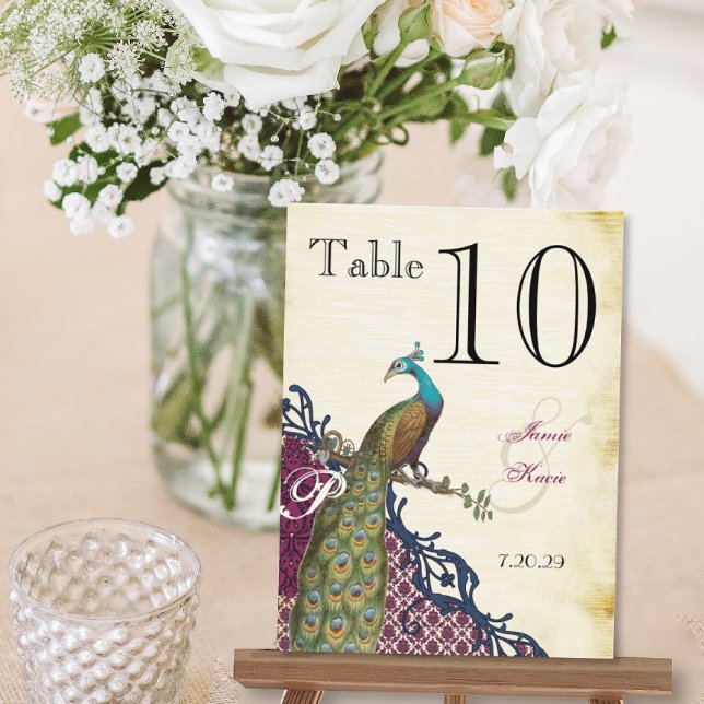 Vintage Peacock Navy Raspberry Damask Table Number Postcard (Creator Uploaded)