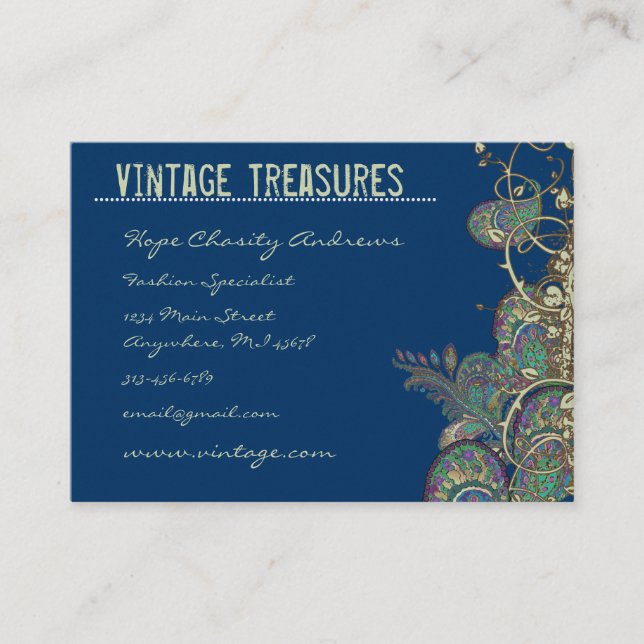 Vintage Peacock Paisleys Swirl Design Business Card (Front)