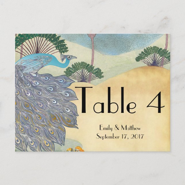 Vintage Peacock & Palm Tree Wedding Number Card (Front)