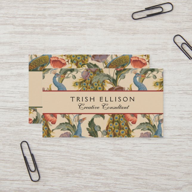 Vintage Peacock Pattern Colourful Art Business Card (Front/Back In Situ)